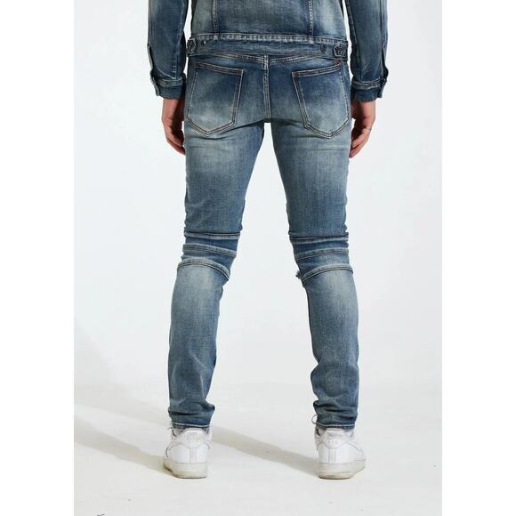 Crysp Denim Men's Biker Moto Distressed Rip & Repair Skinny Fit Stretch Jeans - Picture 2 of 2